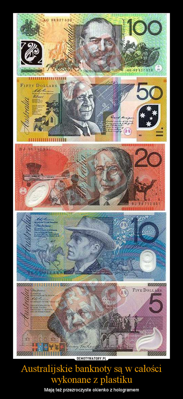 Australijskie banknoty są w całości wykonane z plastiku – Mają też przezroczyste okienko z hologramem 