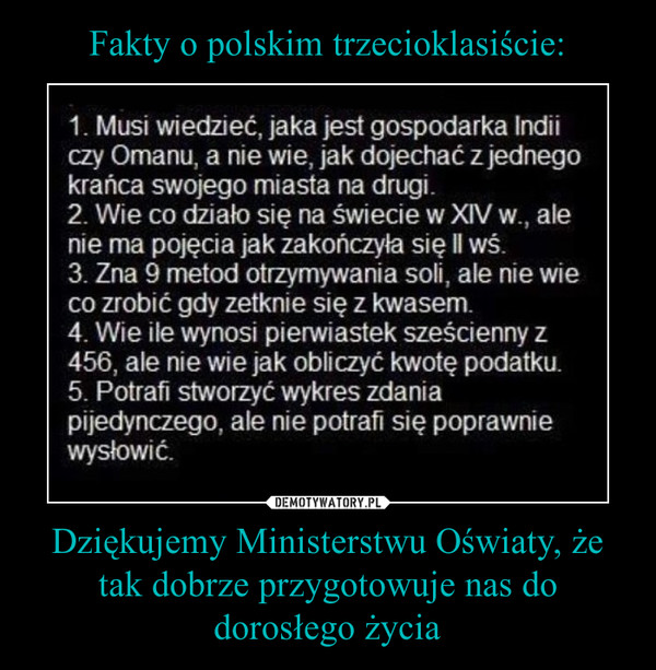Fakty o polskim trzecioklasiście: Dziękujemy Ministerstwu Oświaty, że tak dobrze przygotowuje nas do dorosłego życia