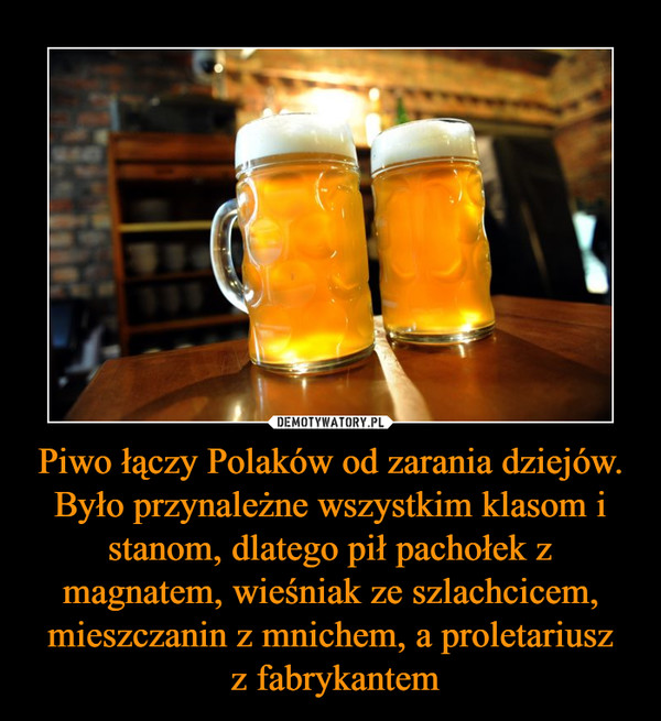 Piwo łączy Polaków od zarania dziejów. Było przynależne wszystkim klasom i stanom, dlatego pił pachołek z magnatem, wieśniak ze szlachcicem, mieszczanin z mnichem, a proletariusz z fabrykantem –  