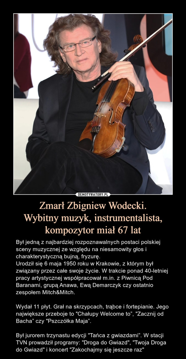 Zmarł Zbigniew Wodecki.
Wybitny muzyk, instrumentalista, kompozytor miał 67 lat