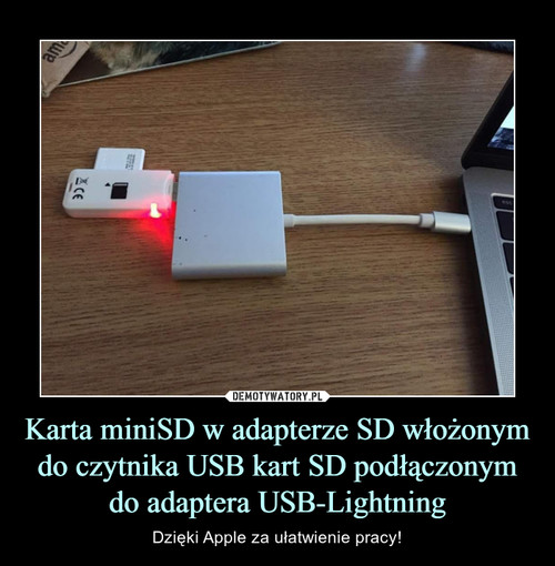 Karta miniSD w adapterze SD włożonym do czytnika USB kart SD podłączonym do adaptera USB-Lightning
