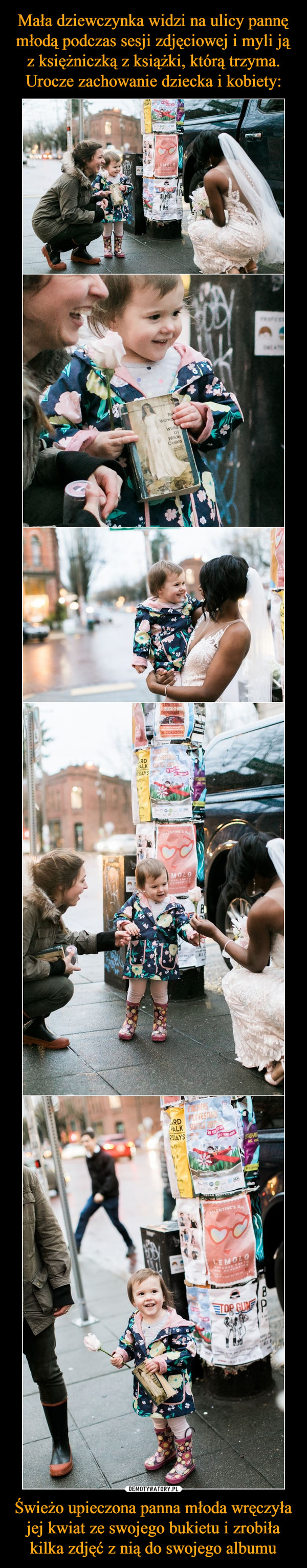 Świeżo upieczona panna młoda wręczyła jej kwiat ze swojego bukietu i zrobiła kilka zdjęć z nią do swojego albumu –  