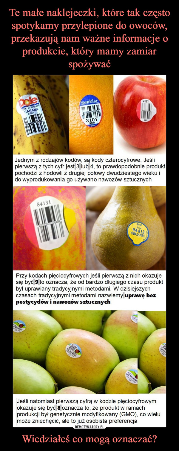 Te małe naklejeczki, które tak często spotykamy przylepione do owoców, przekazują nam ważne informacje o produkcie, który mamy zamiar spożywać Wiedziałeś co mogą oznaczać?