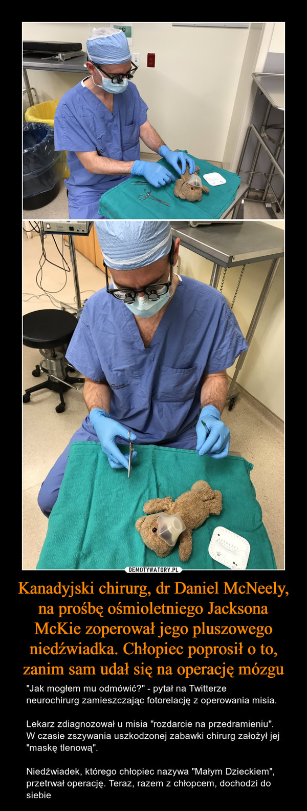 Kanadyjski chirurg, dr Daniel McNeely, na prośbę ośmioletniego Jacksona McKie zoperował jego pluszowego niedźwiadka. Chłopiec poprosił o to, zanim sam udał się na operację mózgu