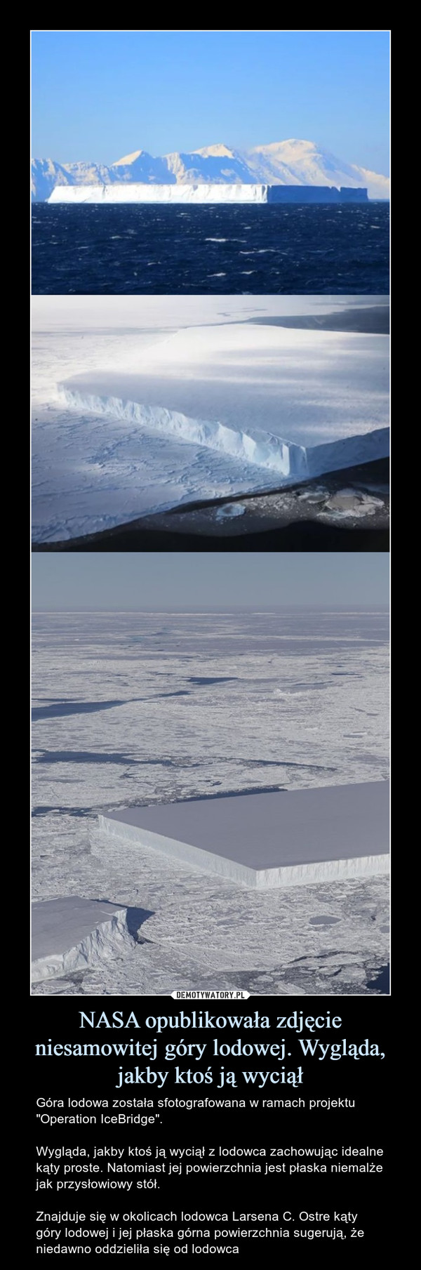 NASA opublikowała zdjęcie niesamowitej góry lodowej. Wygląda, jakby ktoś ją wyciął – Góra lodowa została sfotografowana w ramach projektu "Operation IceBridge".Wygląda, jakby ktoś ją wyciął z lodowca zachowując idealne kąty proste. Natomiast jej powierzchnia jest płaska niemalże jak przysłowiowy stół.Znajduje się w okolicach lodowca Larsena C. Ostre kąty góry lodowej i jej płaska górna powierzchnia sugerują, że niedawno oddzieliła się od lodowca 