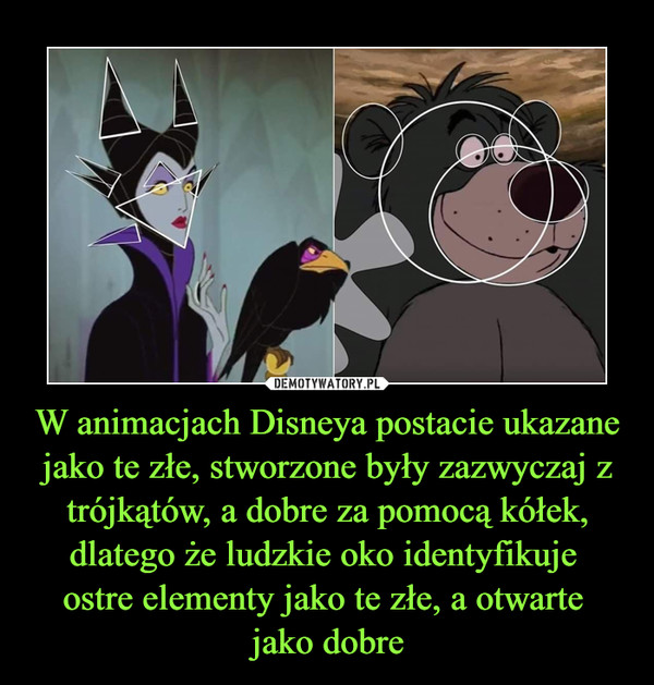W animacjach Disneya postacie ukazane jako te złe, stworzone były zazwyczaj z trójkątów, a dobre za pomocą kółek, dlatego że ludzkie oko identyfikuje 
ostre elementy jako te złe, a otwarte 
jako dobre