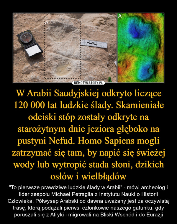 W Arabii Saudyjskiej odkryto liczące 120 000 lat ludzkie ślady. Skamieniałe odciski stóp zostały odkryte na starożytnym dnie jeziora głęboko na pustyni Nefud. Homo Sapiens mogli zatrzymać się tam, by napić się świeżej wody lub wytropić stada słoni, dzikich osłów i wielbłądów – "To pierwsze prawdziwe ludzkie ślady w Arabii" - mówi archeolog i lider zespołu Michael Petraglia z Instytutu Nauki o Historii Człowieka. Półwysep Arabski od dawna uważany jest za oczywistą trasę, którą podążali pierwsi członkowie naszego gatunku, gdy poruszali się z Afryki i migrowali na Bliski Wschód i do Eurazji 