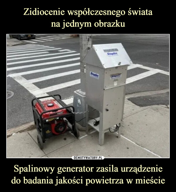 Zidiocenie współczesnego świata
na jednym obrazku Spalinowy generator zasila urządzenie
do badania jakości powietrza w mieście