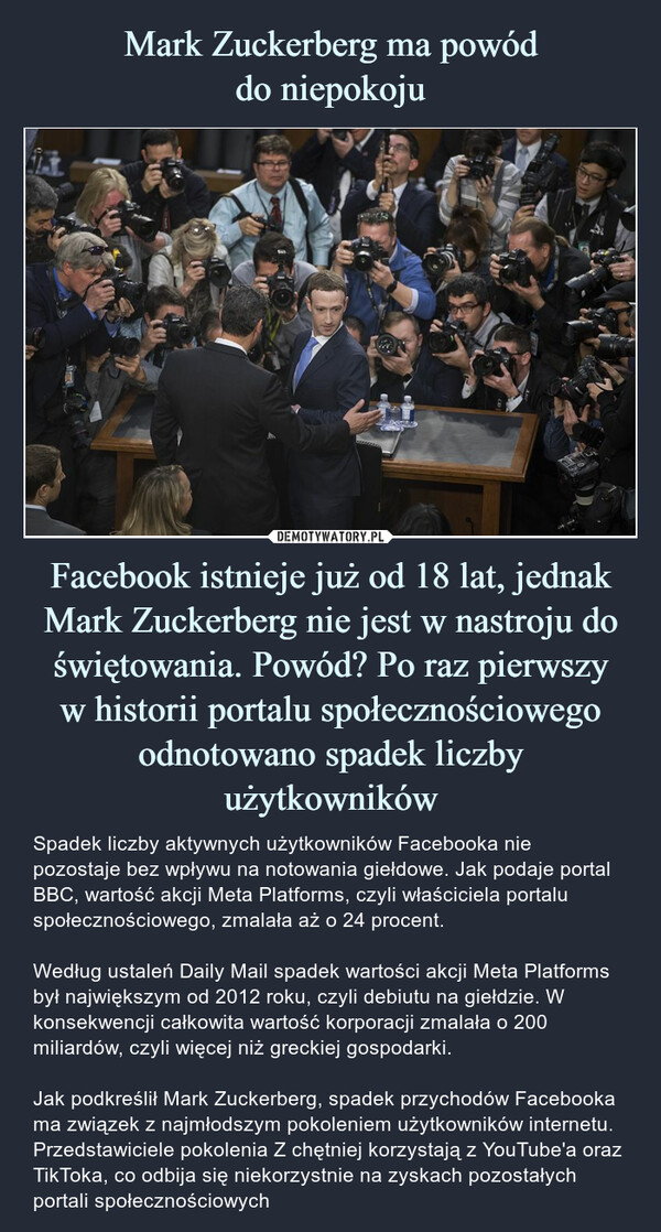 Mark Zuckerberg ma powód
do niepokoju Facebook istnieje już od 18 lat, jednak Mark Zuckerberg nie jest w nastroju do świętowania. Powód? Po raz pierwszy
w historii portalu społecznościowego odnotowano spadek liczby użytkowników