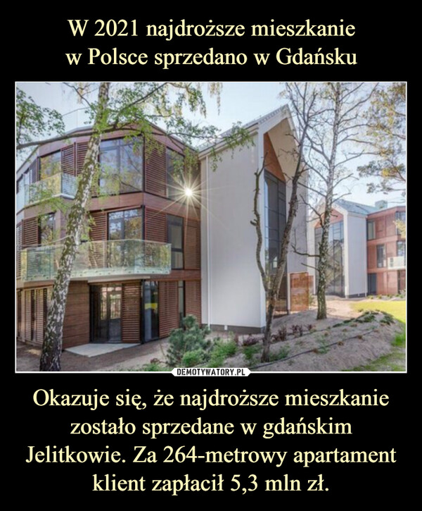 Okazuje się, że najdroższe mieszkanie zostało sprzedane w gdańskim Jelitkowie. Za 264-metrowy apartament klient zapłacił 5,3 mln zł. –  