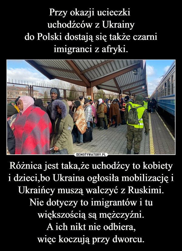 Różnica jest taka,że uchodźcy to kobiety i dzieci,bo Ukraina ogłosiła mobilizację i Ukraińcy muszą walczyć z Ruskimi.Nie dotyczy to imigrantów i tu większością są mężczyźni.A ich nikt nie odbiera,więc koczują przy dworcu. –  