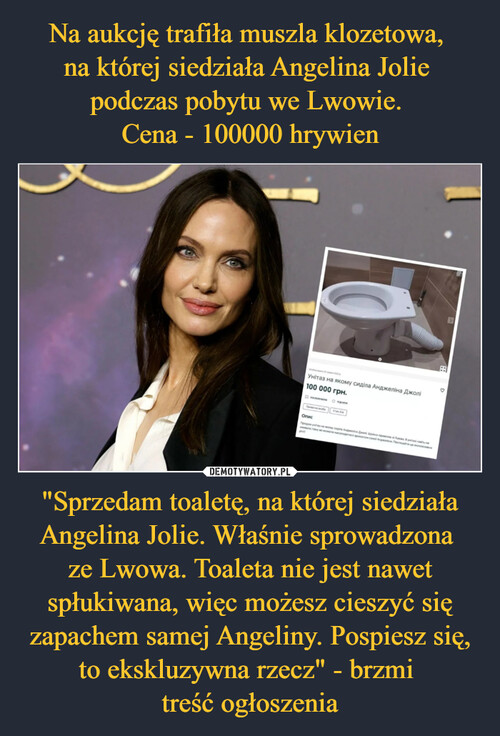 Na aukcję trafiła muszla klozetowa, 
na której siedziała Angelina Jolie 
podczas pobytu we Lwowie. 
Cena - 100000 hrywien "Sprzedam toaletę, na której siedziała Angelina Jolie. Właśnie sprowadzona 
ze Lwowa. Toaleta nie jest nawet spłukiwana, więc możesz cieszyć się zapachem samej Angeliny. Pospiesz się, to ekskluzywna rzecz" - brzmi 
treść ogłoszenia