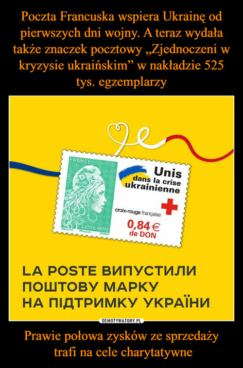 Poczta Francuska wspiera Ukrainę od pierwszych dni wojny. A teraz wydała także znaczek pocztowy „Zjednoczeni w kryzysie ukraińskim” w nakładzie 525 tys. egzemplarzy Prawie połowa zysków ze sprzedaży
 trafi na cele charytatywne