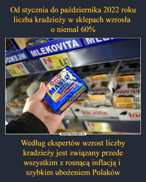 Od stycznia do października 2022 roku liczba kradzieży w sklepach wzrosła 
o niemal 60% Według ekspertów wzrost liczby kradzieży jest związany przede wszystkim z rosnącą inflacją i 
szybkim ubożeniem Polaków