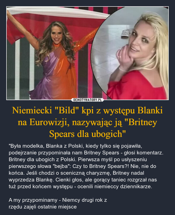 Niemiecki "Bild" kpi z występu Blanki na Eurowizji, nazywając ją "Britney Spears dla ubogich"