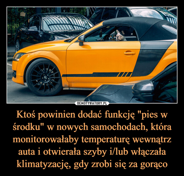 Ktoś powinien dodać funkcję "pies w środku" w nowych samochodach, która monitorowałaby temperaturę wewnątrz auta i otwierała szyby i/lub włączała klimatyzację, gdy zrobi się za gorąco –  DEDPOD