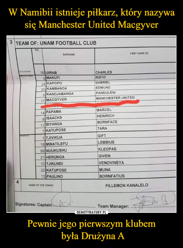 W Namibii istnieje piłkarz, który nazywa się Manchester United Macgyver Pewnie jego pierwszym klubem
 była Drużyna A