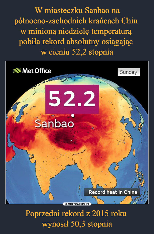 W miasteczku Sanbao na północno-zachodnich krańcach Chin 
w minioną niedzielę temperaturą 
pobiła rekord absolutny osiągając 
w cieniu 52,2 stopnia Poprzedni rekord z 2015 roku 
wynosił 50,3 stopnia