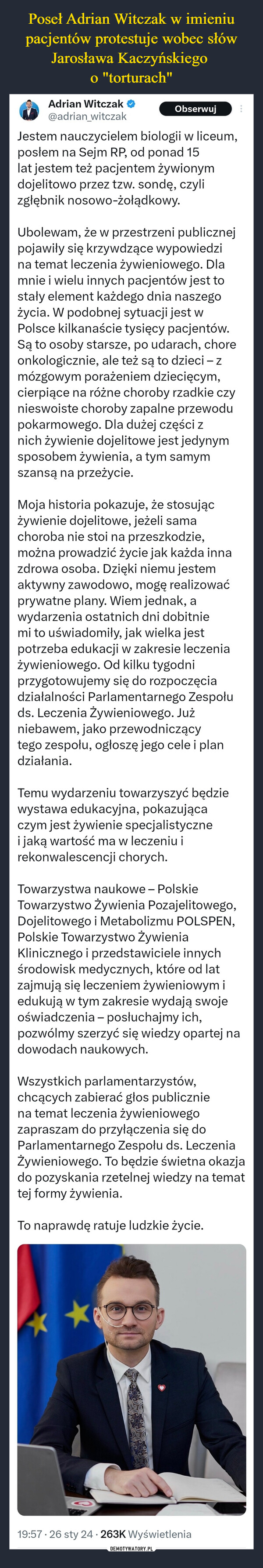 Poseł Adrian Witczak w imieniu pacjentów protestuje wobec słów Jarosława Kaczyńskiego 
o "torturach"