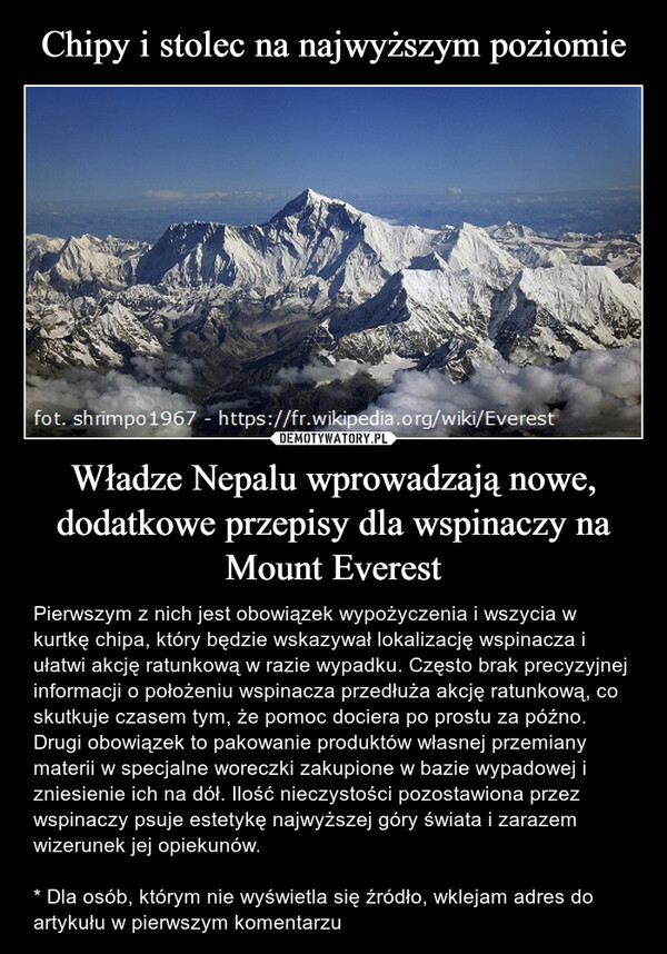 Chipy i stolec na najwyższym poziomie Władze Nepalu wprowadzają nowe, dodatkowe przepisy dla wspinaczy na Mount Everest
